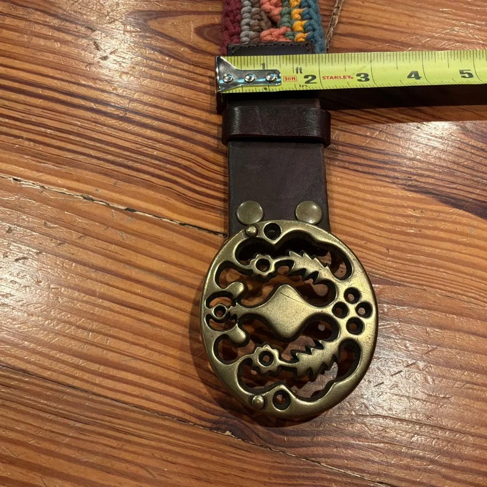 Lucky Brand Boho Crochet Knit Leather Belt Multicolor Brass Buckle Size 32